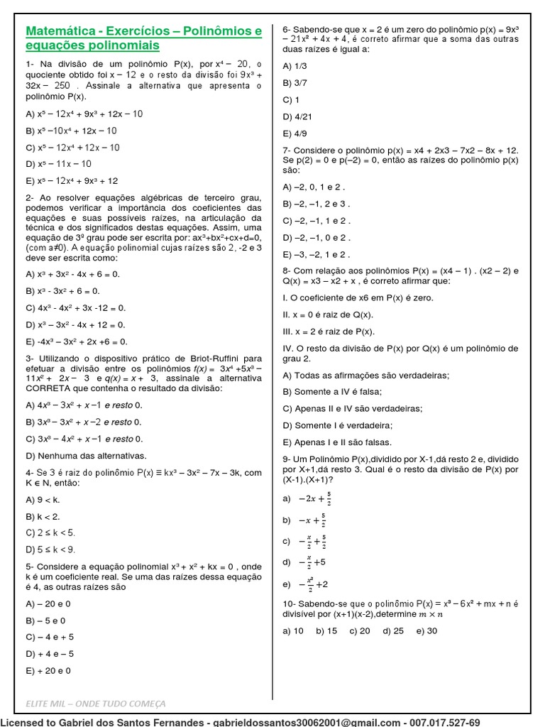 Exercícios de Polinômios e Equações | PDF | Equações | Conceitos ...