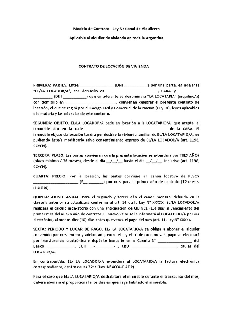 Modelo de Contrato DE ALQUILER. NUEVA LEY PDF Condominio Bancos