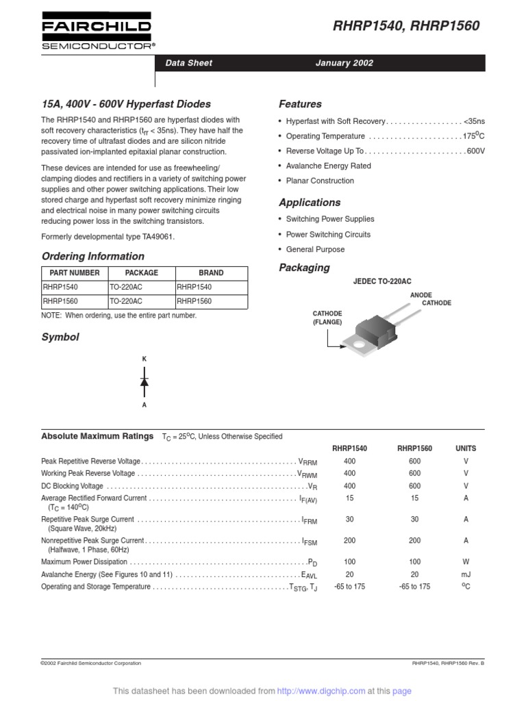 RHRP1540, RHRP1560: 15A, 400V - 600V Hyperfast Diodes Features | PDF ...