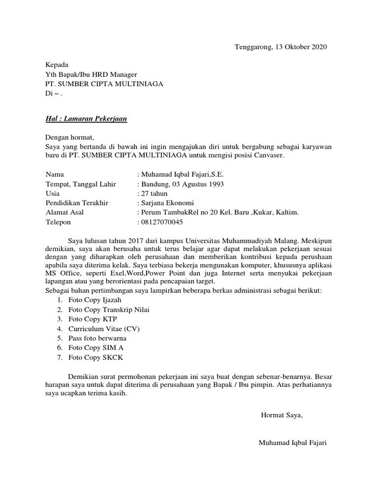Surat Lamaran PT. Sumber Cipta MultiNiaga | PDF