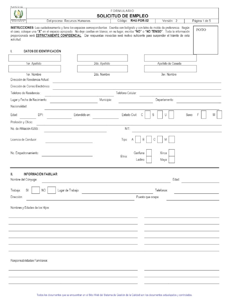 SOLICITUD DE EMPLEO Del Proceso - Recursos Humanos Código - RHU-FOR-02 ...