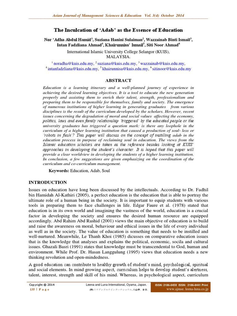 The Inculcation of Adab' As The Essence of Education | PDF | Teachers ...