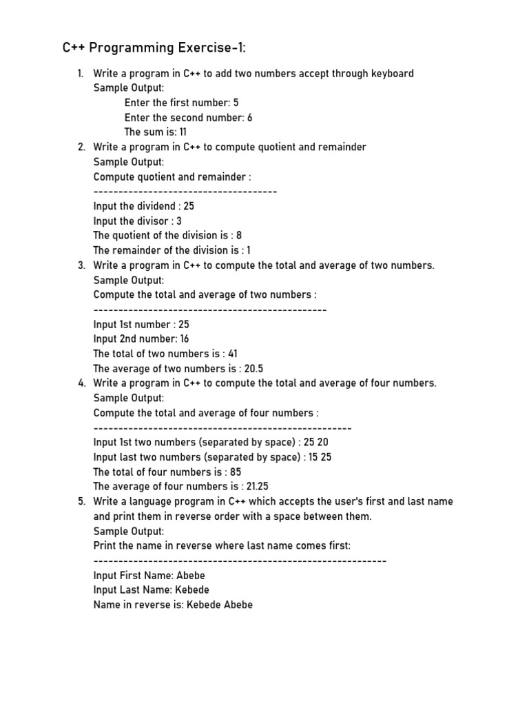 C++ Programming Exercise-1:: Sample Output | PDF | Area | Geometric ...