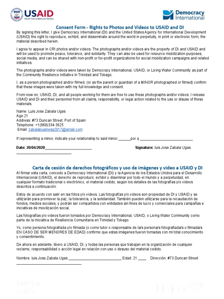 Consent Form - Rights To Photos and Videos To USAID and DI | PDF ...