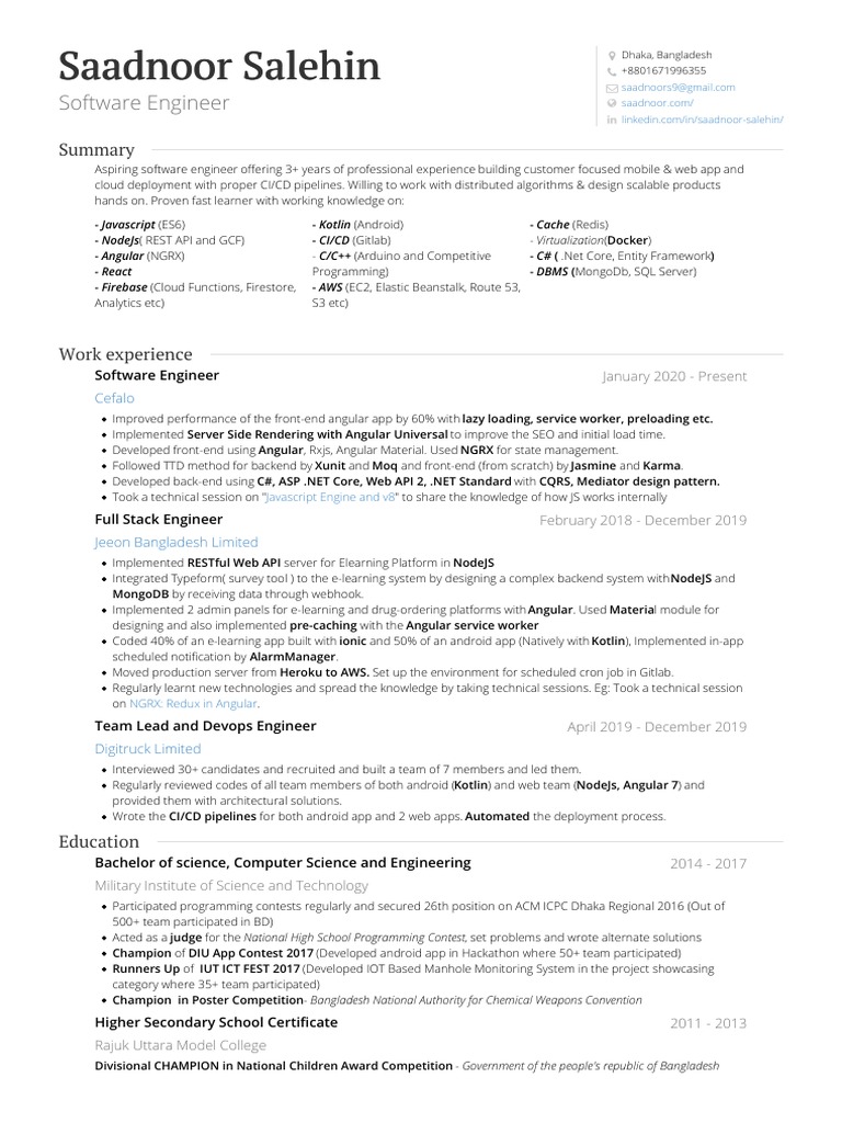 Saadnoor Salehin: Software Engineer Profile | PDF | Web Application ...