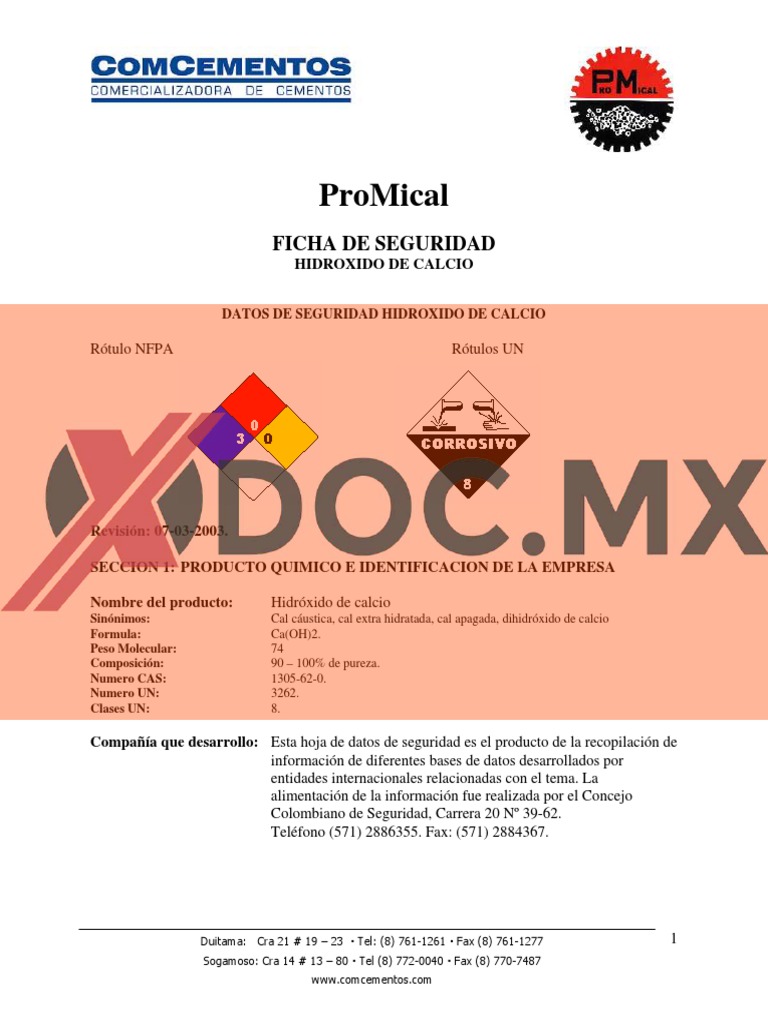 Ficha de Seguridad: Hidróxido de Calcio | PDF | Solubilidad | Agua
