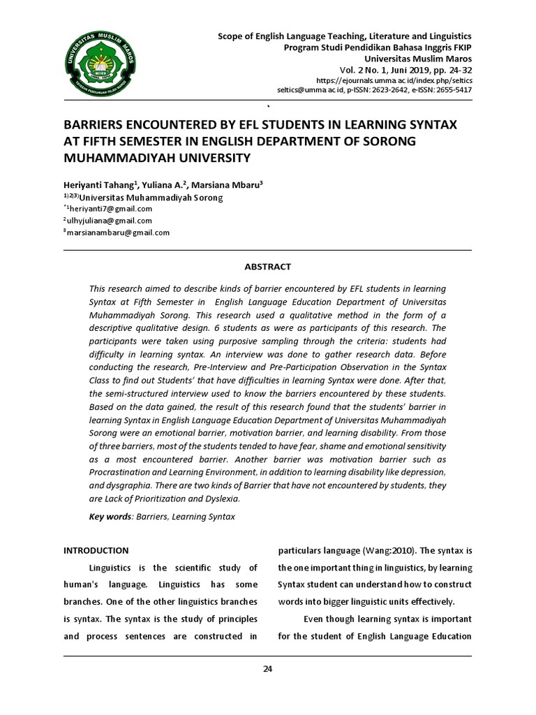 EFL Students' Barriers in Learning Syntax | PDF | Clause | Phrase