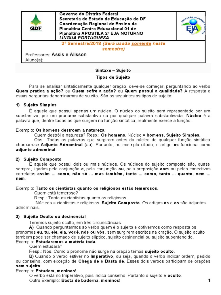 Tipos de Sujeito na Língua Portuguesa | PDF | Assunto (gramática ...