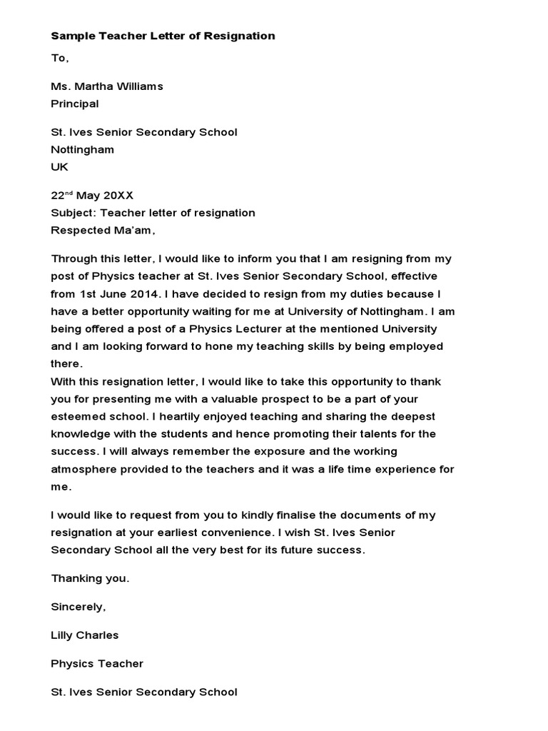 Teacher Resignation Letter 26  PDF