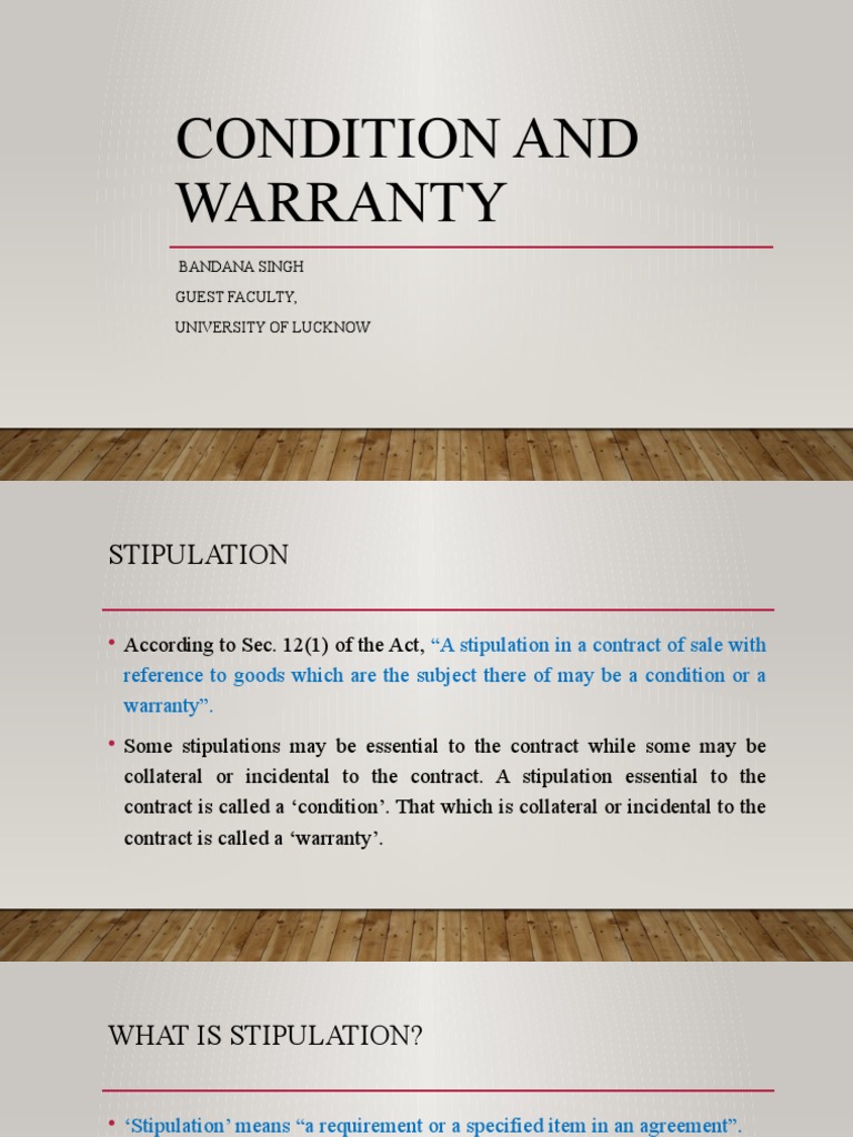 Condition and Warranty PDF Breach Of Contract Contract Law