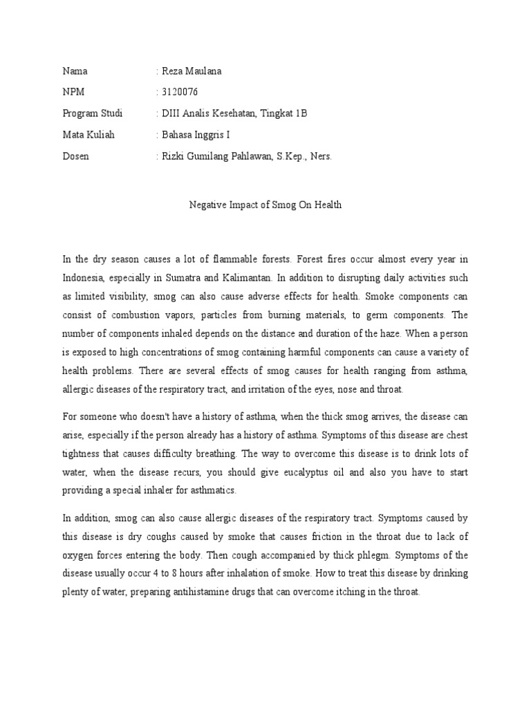 Contoh Essay Tema Kesehatan Berbahasa Inggris | PDF | Smog | Asthma
