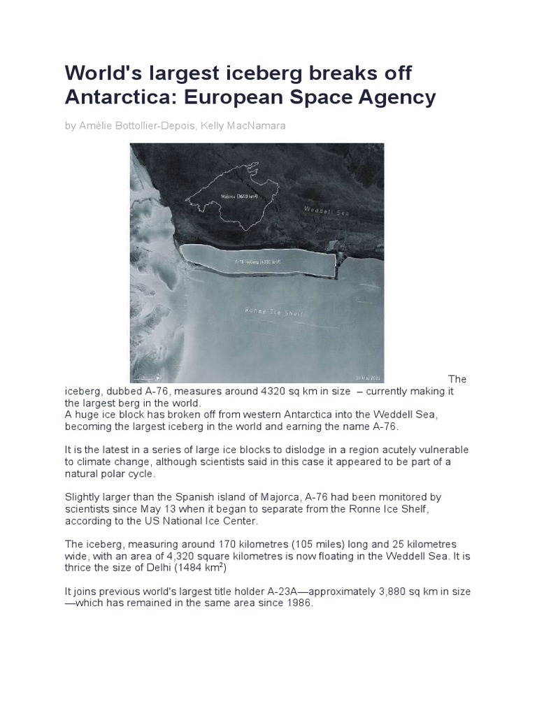 World's Largest Iceberg Breaks Off Antarctica: European Space Agency, PDF, Antarctica