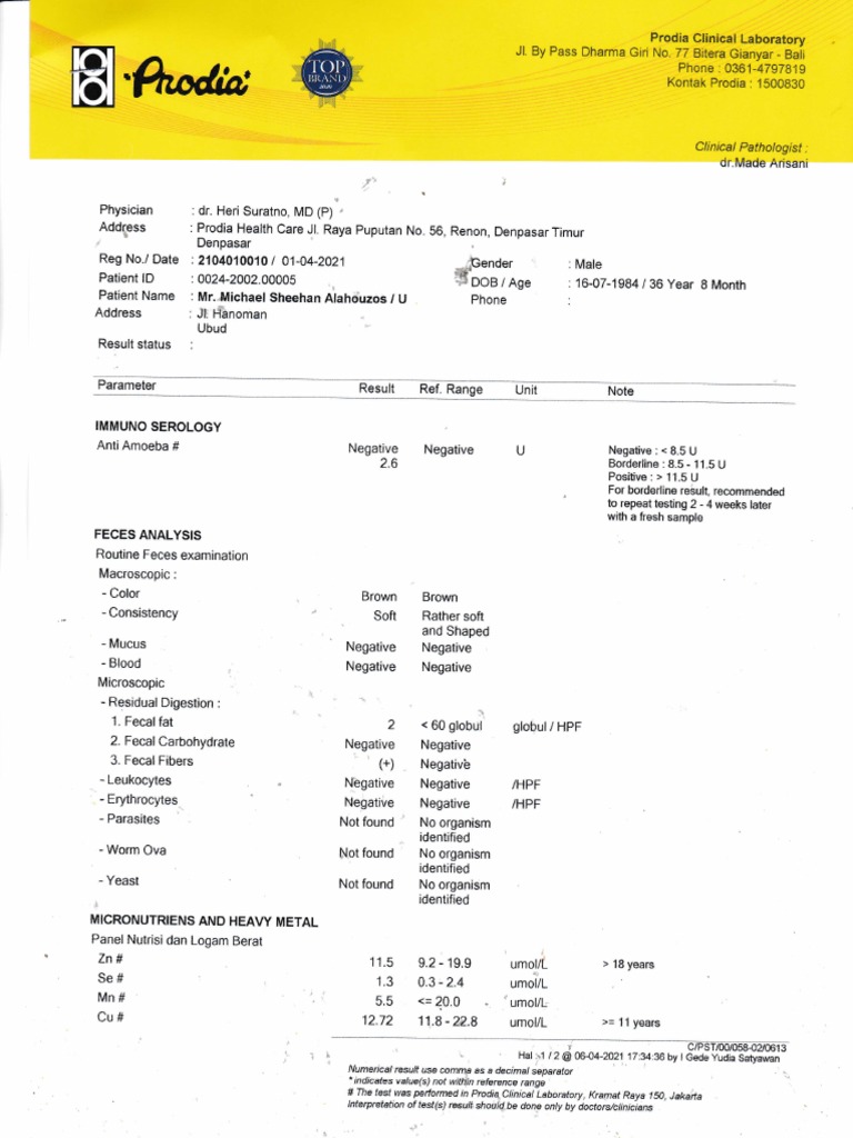 Prodia Blood Test Results Heavy Metals and Parasites PDF Body
