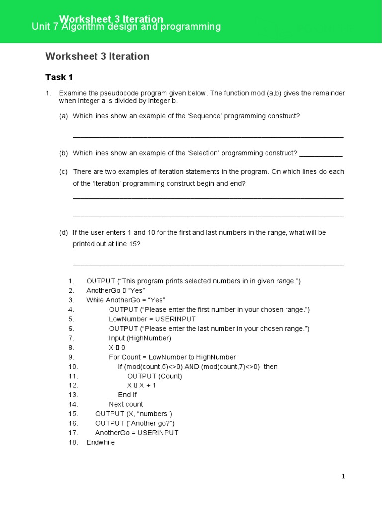 Algorithms Worksheet 3 Iteration | PDF | Iteration | Algorithms