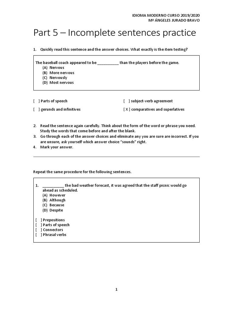 Part 5 - Incomplete Sentences Practice | Download Free PDF | Part Of ...