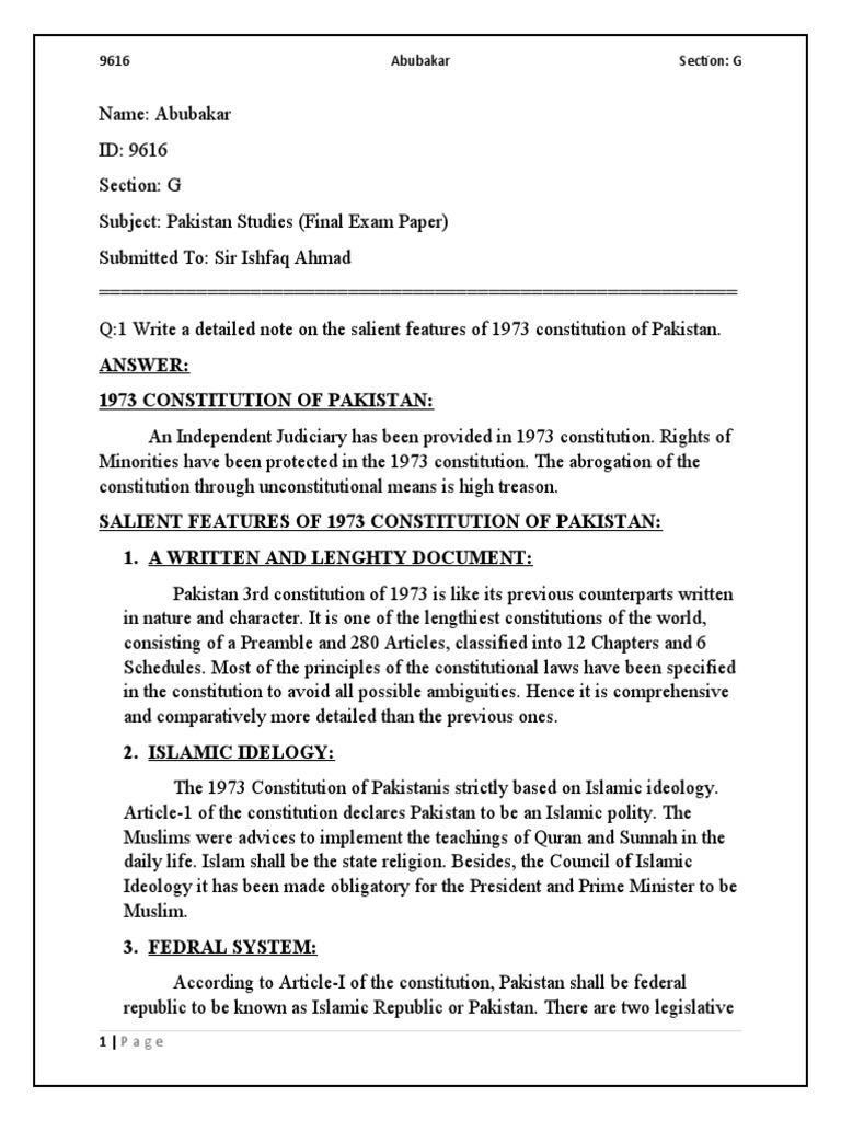 Answer 1973 Constitution of Pakistan 9616 Abubakar Section G