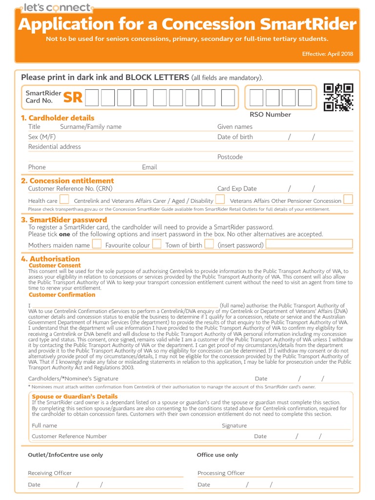 Application For A Concession Smartrider Please Print in Dark Ink and Block Letters PDF Business