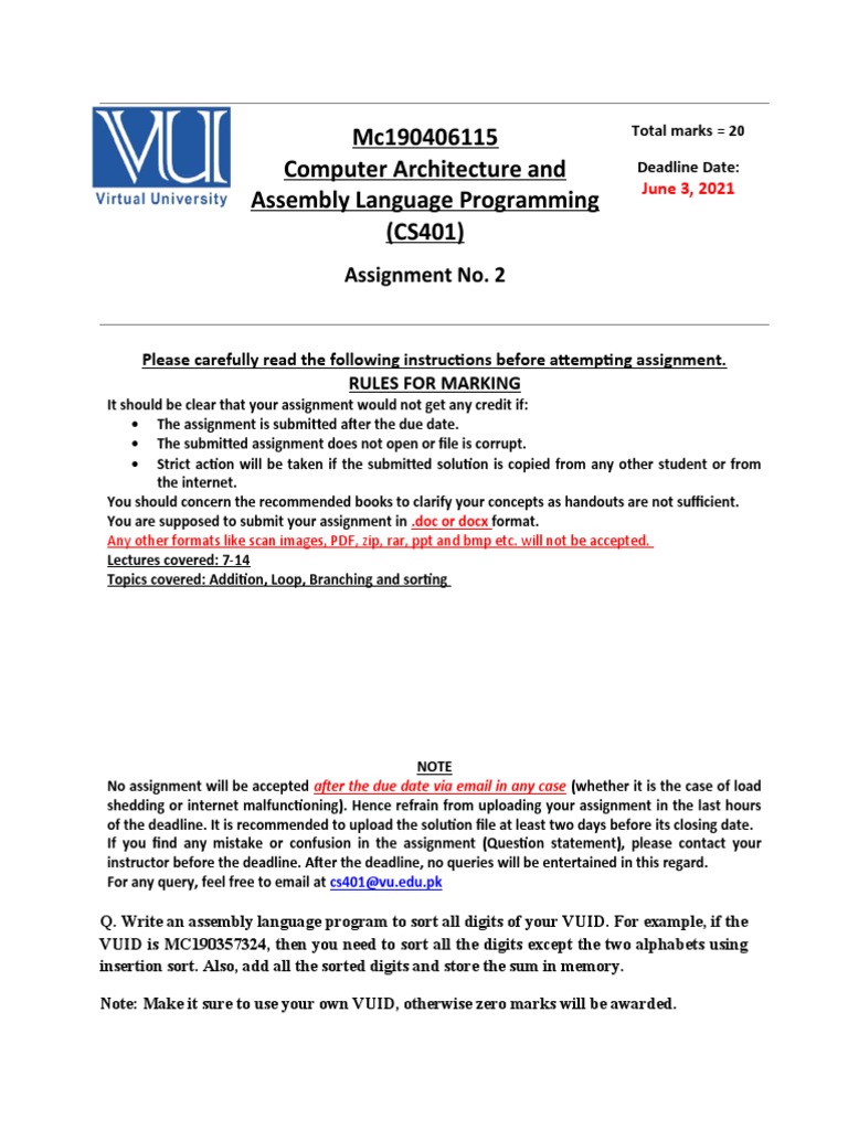 Spring 2021 - CS401 - 2 - MC190406115 | PDF | Assembly Language ...