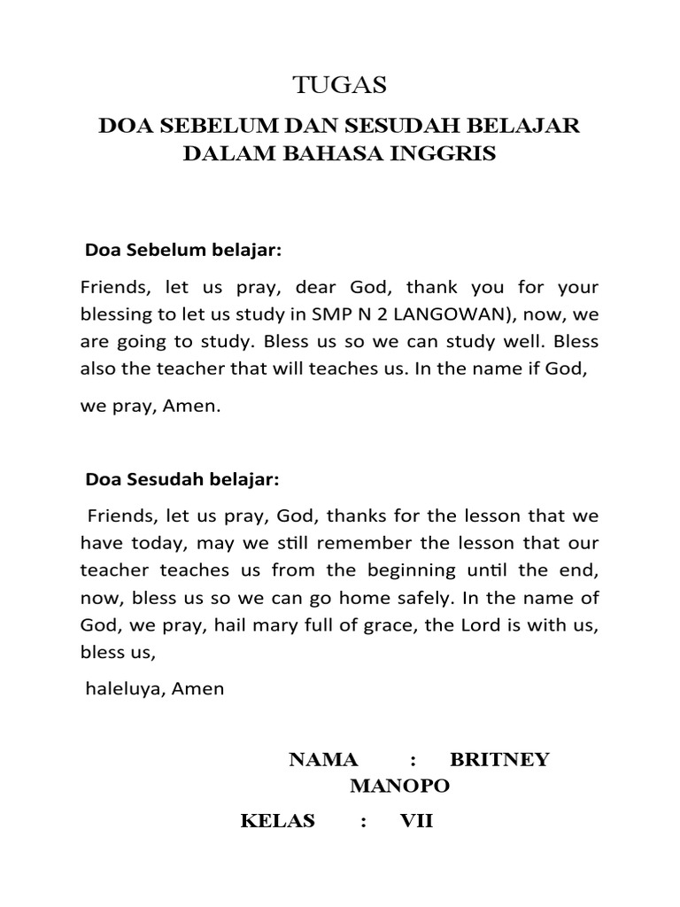 Tugas: Doa Sebelum Dan Sesudah Belajar Dalam Bahasa Inggris | PDF