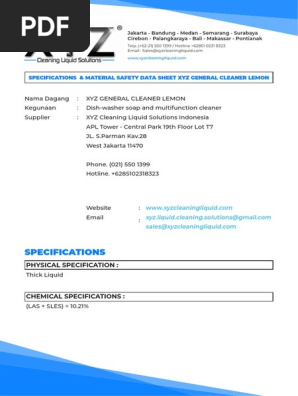 Specifications: Specifications & Material Safety Data Sheet Xyz
