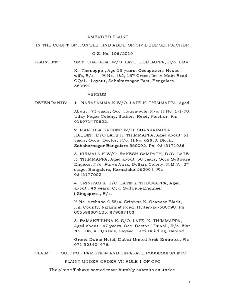 Petition for Partition and Separate Possession of Joint Family
