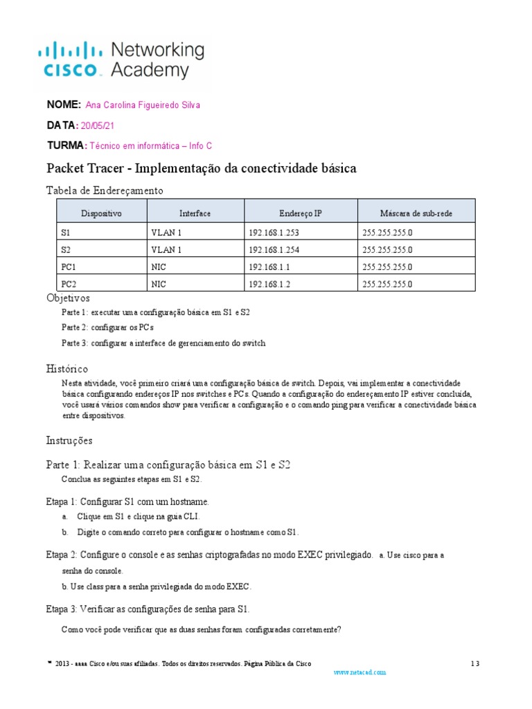 2 7 6 packet tracer implement basic connectivity pt br pdf endere o