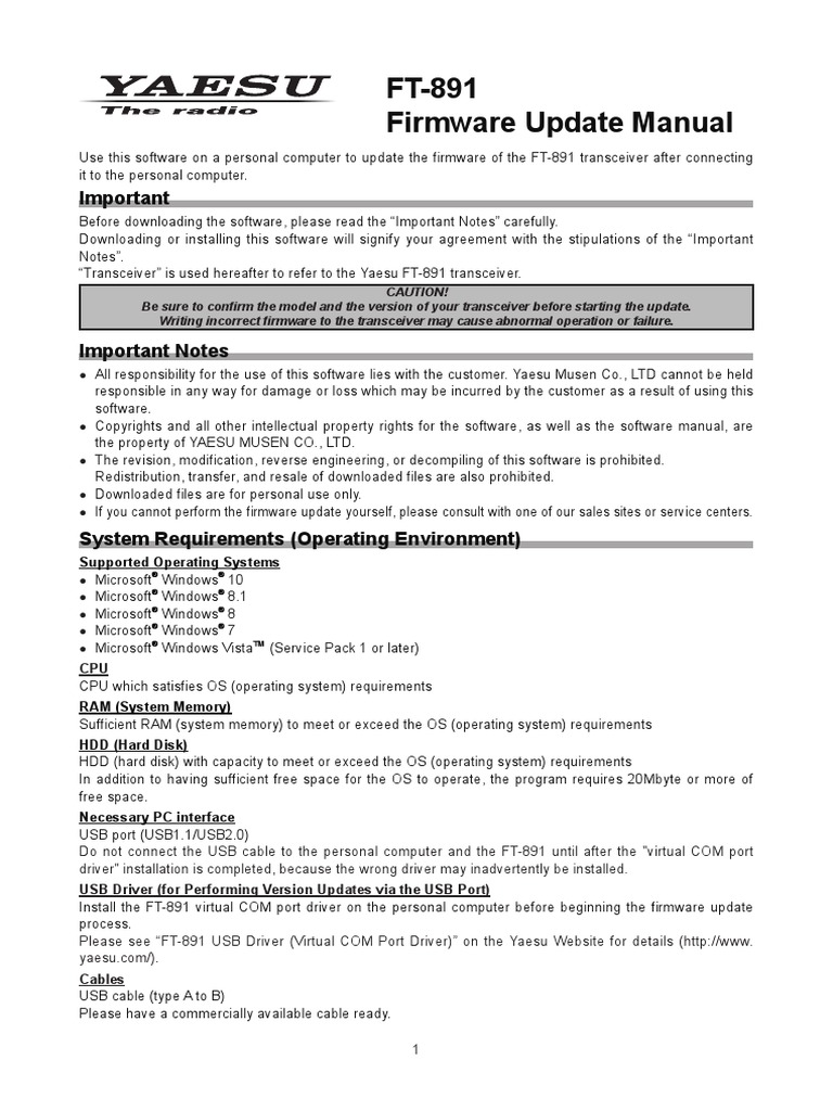 FT891 Firmware Update Manual Important PDF Usb Personal Computers