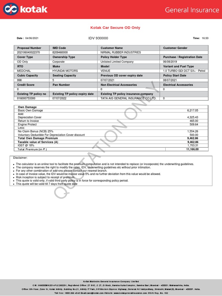 Kotak Car Insurance Quotation Details | PDF | Insurance | Financial ...