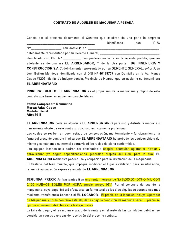 Contrato de Retroexcavadora | PDF | Alquiler | Estado (política)