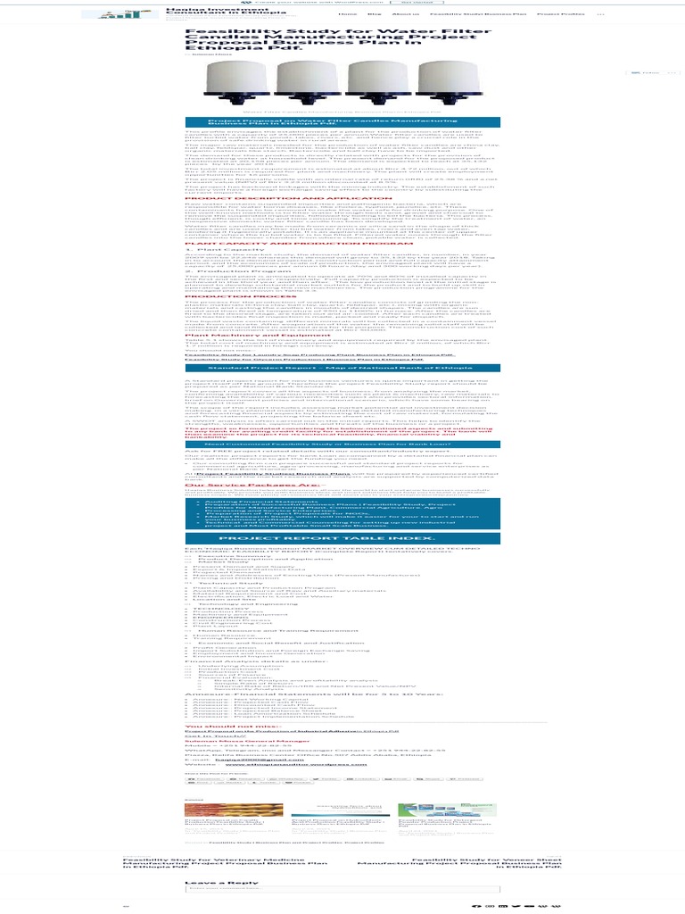 Feasibility Study For Water Filter Candles Manufacturing Project