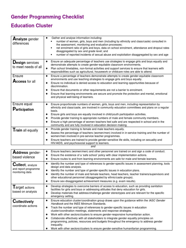 Gender Programming Checklist for Education | PDF | Gender | Gender Studies