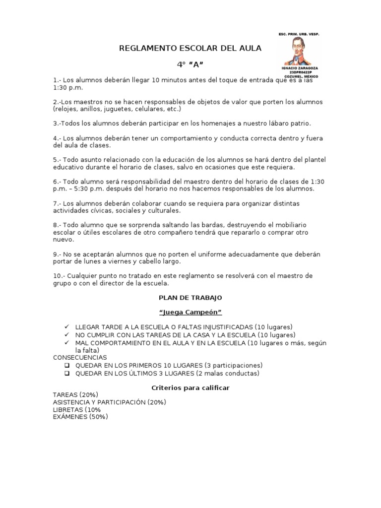 Reglamento Escolar Del Aula y Plan de Trabajo | PDF