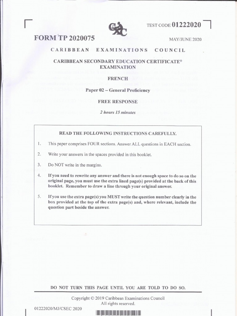 CSEC French Paper 02 2020 PDF