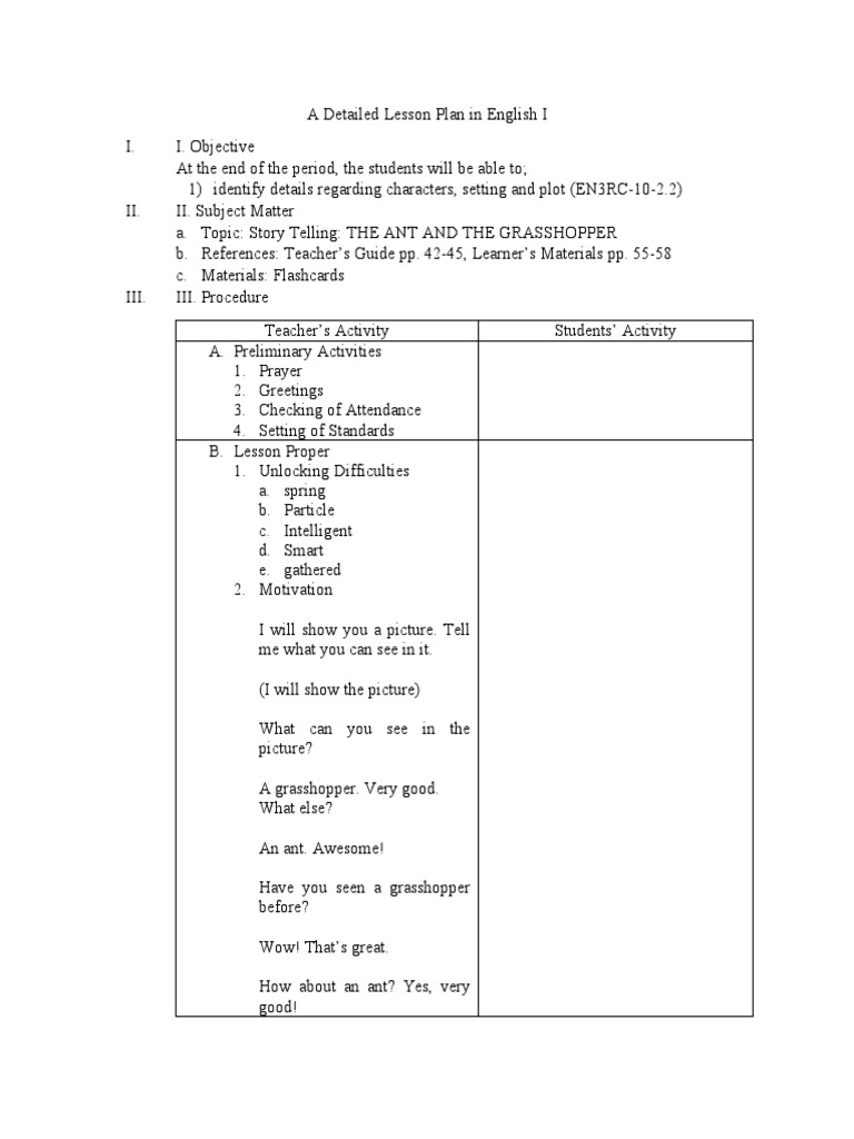 Ant and Grasshopper Lesson Plan | PDF | Lesson Plan | Human Nature