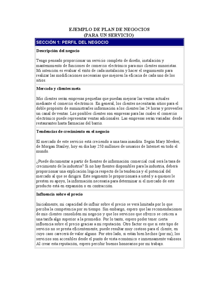 Ejemplo De Plan De Negocios Servicio