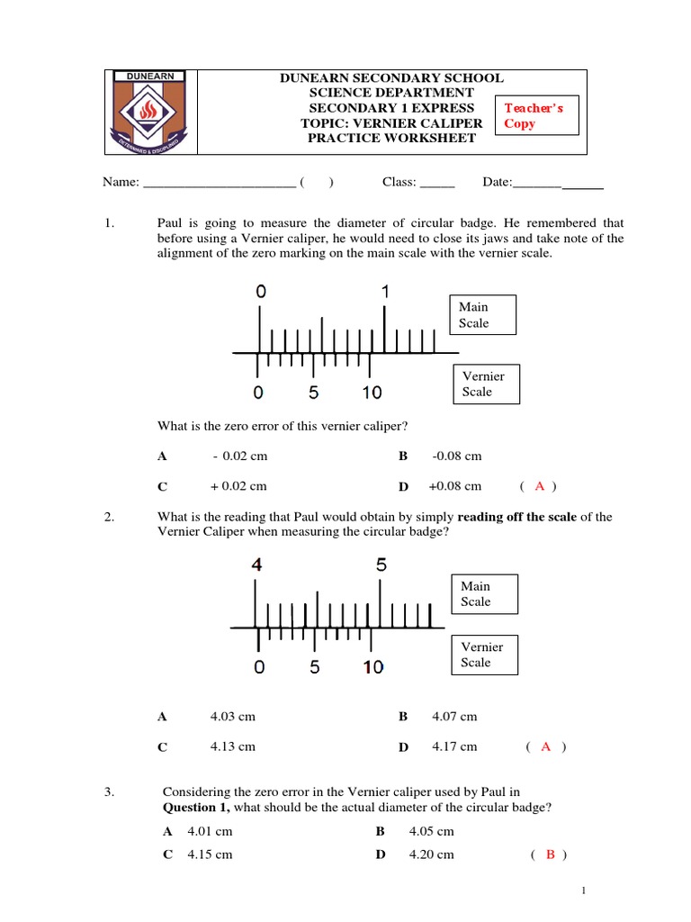5C Revision Worksheet On Vernier Calipers Answers (1E) PDF Scientific Observation Metrology