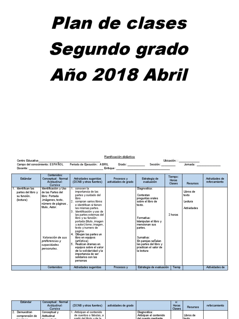 Plan de Clases de Español para Segundo Grado | PDF | Cuentos | Caso de ...