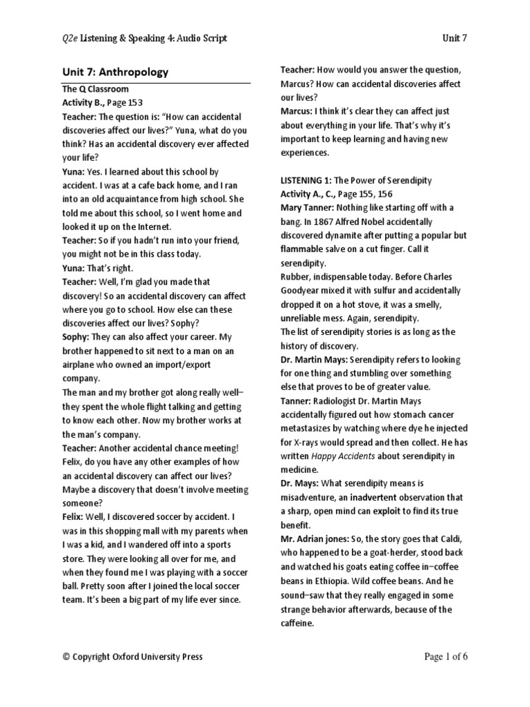 Unit 7: Anthropology: Q2e Listening & Speaking 4: Audio Script | PDF ...