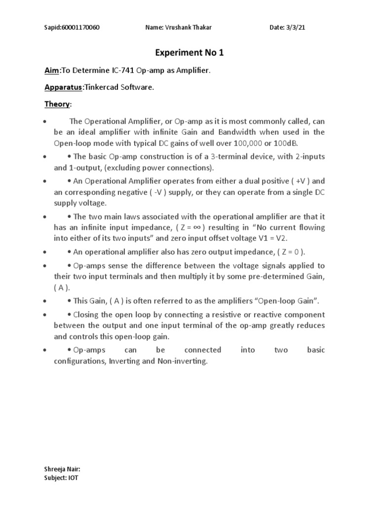 Experiment No 1 AimTo Determine IC741 OpAmp As Amplifier Apparatus
