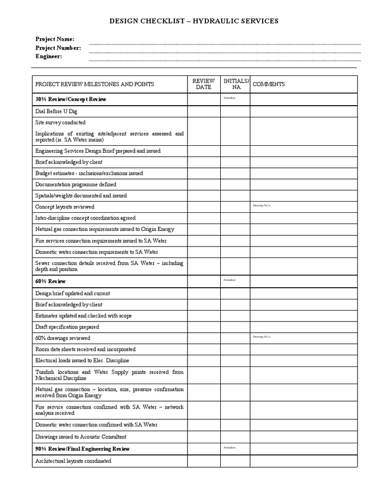 Design Checklist - Hydraulic Services: Project Name: Project Number ...