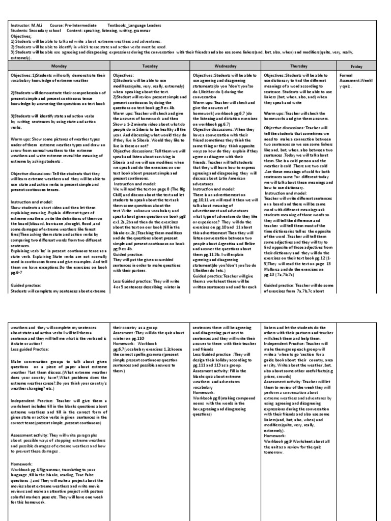 One Week Lesson Plan PDF Question Verb