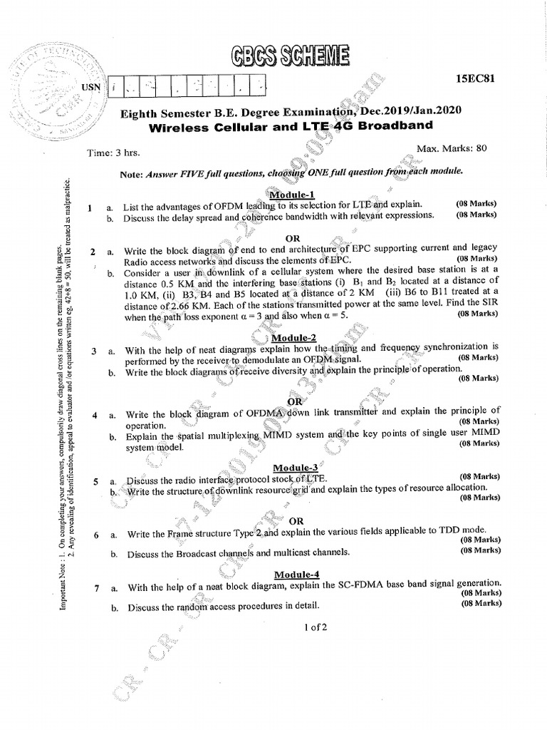VTU Question Paper of 15EC81 Wireless Cellular and LTE 4G Broadband Dec