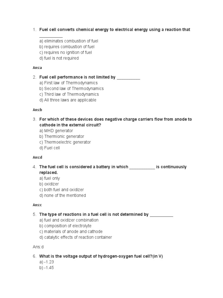 NCES Fuel Cell Mcqs PDF Fuel Cell Hydrogen