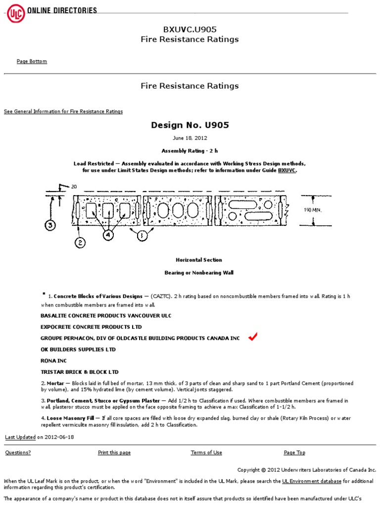 Design No. U905: BXUVC.U905 Fire Resistance Ratings | PDF | Concrete ...