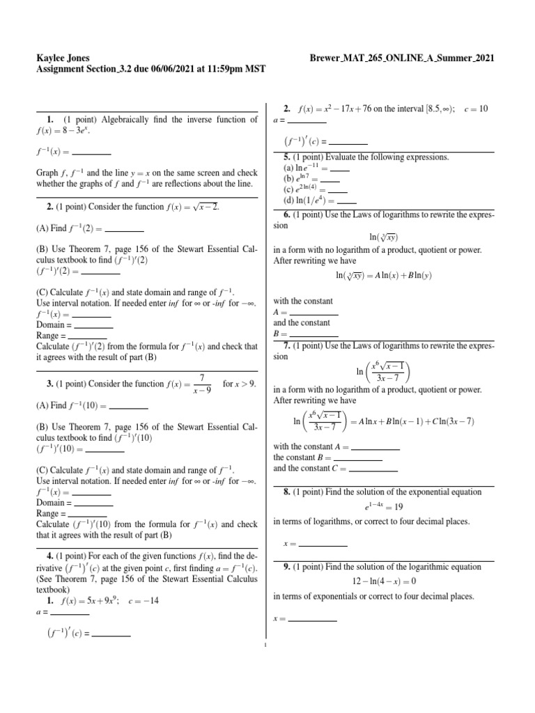 Calculus Assignment 3.2 | PDF | Special Functions | Function (Mathematics)
