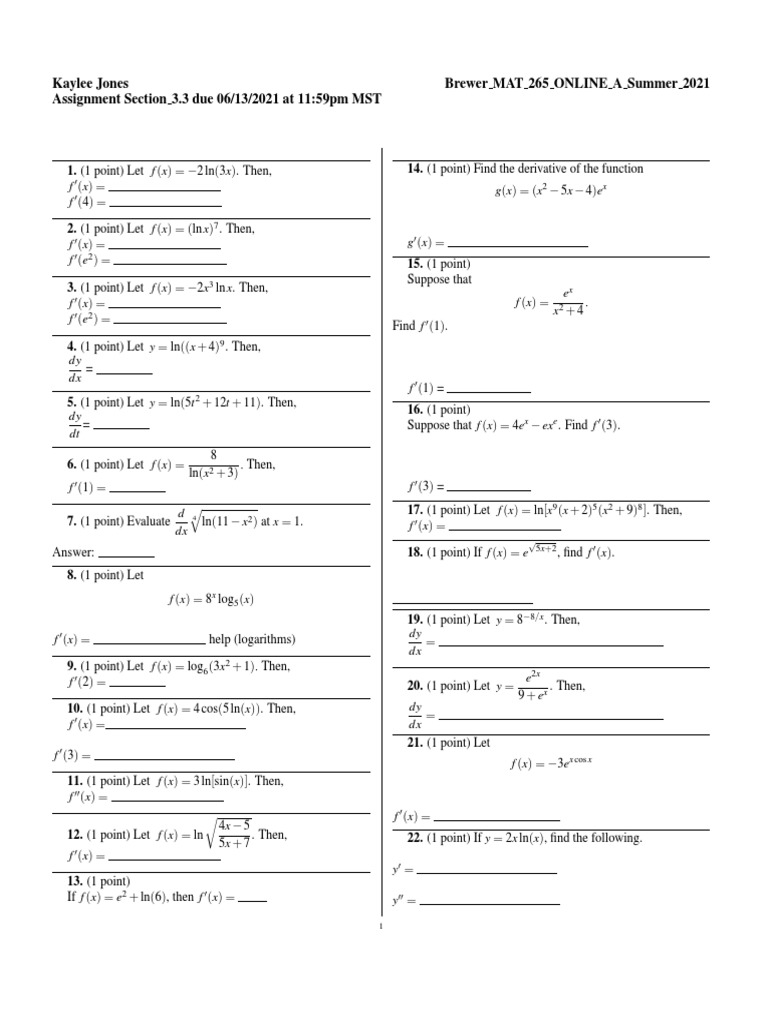 Calculus Assignment Section 3.3 | PDF | Derivative | Mathematical Relations
