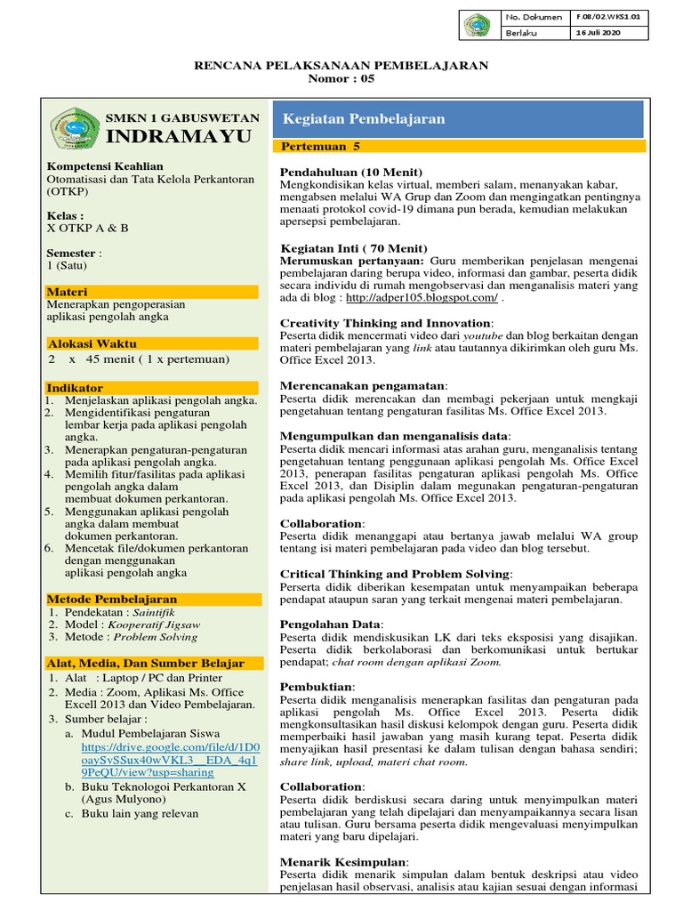 RPP 1 Lembar Contoh 1 | PDF
