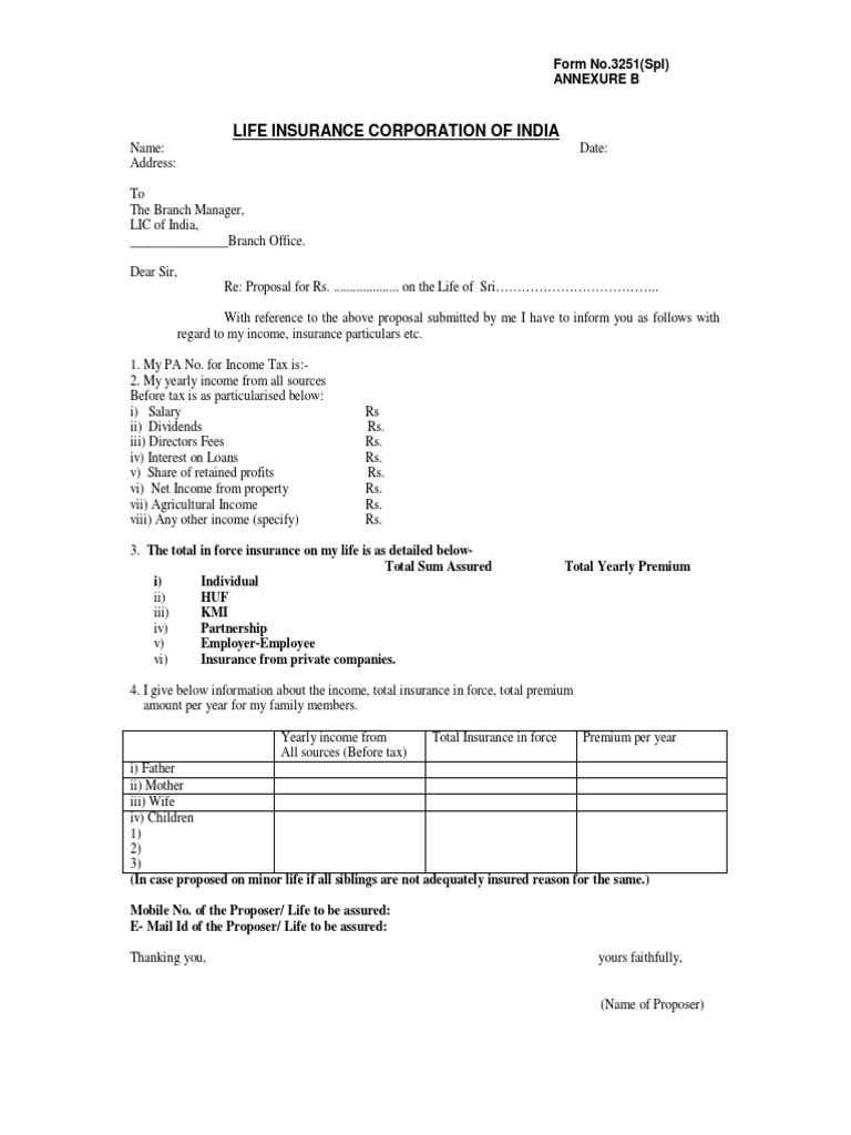 LIC Form 3251 Annexure B Details | PDF
