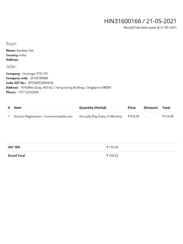 Hostinger Invoice for Domain Registration | PDF