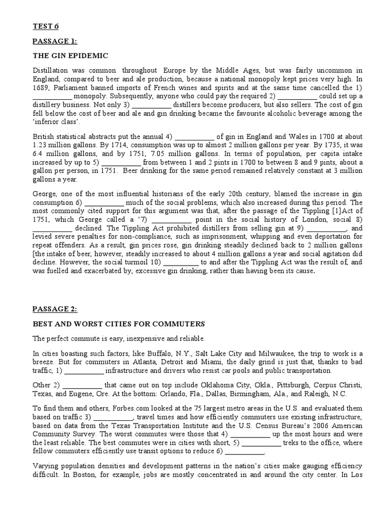 Test 6 Passage 1 The Gin Epidemic PDF Commuting Gin